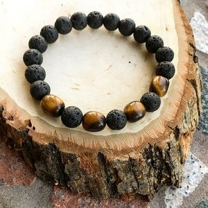 Gemstones bead bracelet . Men Genuine Golde. Tiger eye & black lava rock beads